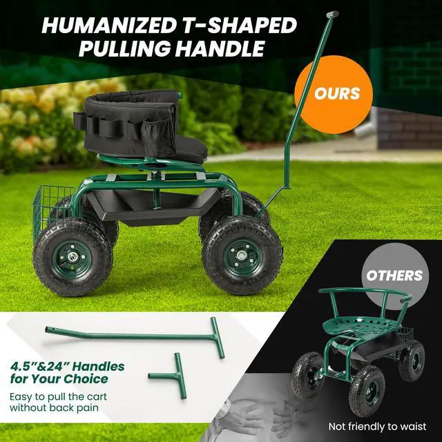 Alt view image 7 of 7 - SlickBlue Rolling Garden Cart with Height Adjustable Swivel Seat and Storage Basket-Green