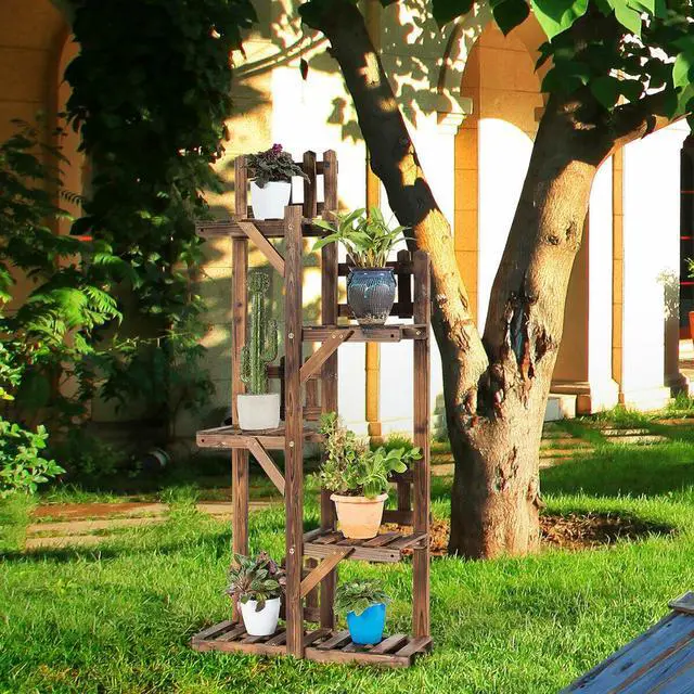 Alt view image 6 of 7 - SlickBlue 5-Tier Flower Rack Wood Plant Stand 6 Pots Display Shelf