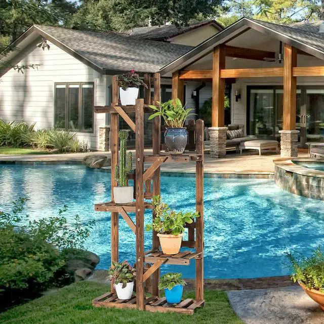 Alt view image 4 of 7 - SlickBlue 5-Tier Flower Rack Wood Plant Stand 6 Pots Display Shelf