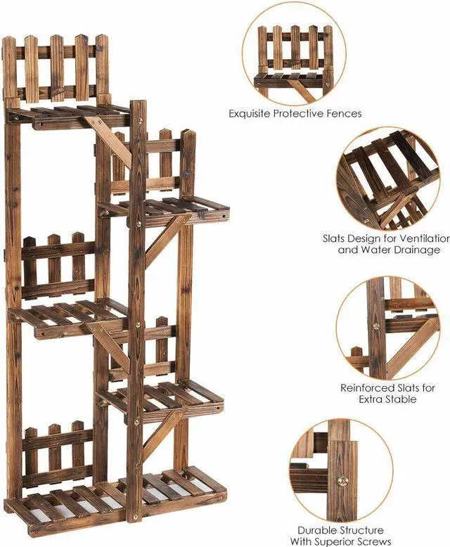 Alt view image 5 of 7 - SlickBlue 5-Tier Flower Rack Wood Plant Stand 6 Pots Display Shelf