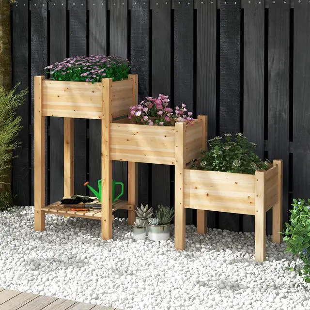Alt view image 4 of 7 - SlickBlue 3-Tier Wooden Raised Garden Bed with Open Storage Shelf-Natural
