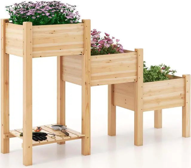 Main image of SlickBlue 3-Tier Wooden Raised Garden Bed with Open Storage Shelf-Natural
