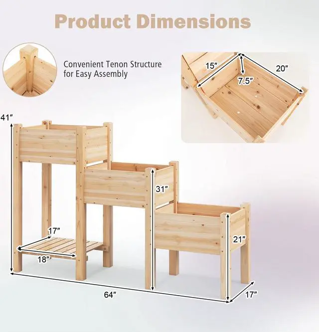 Alt view image 2 of 7 - SlickBlue 3-Tier Wooden Raised Garden Bed with Open Storage Shelf-Natural