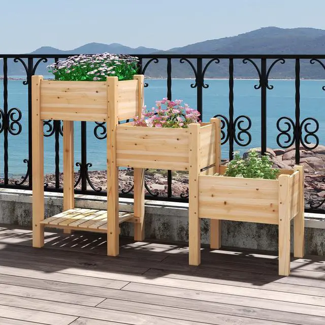 Alt view image 3 of 7 - SlickBlue 3-Tier Wooden Raised Garden Bed with Open Storage Shelf-Natural