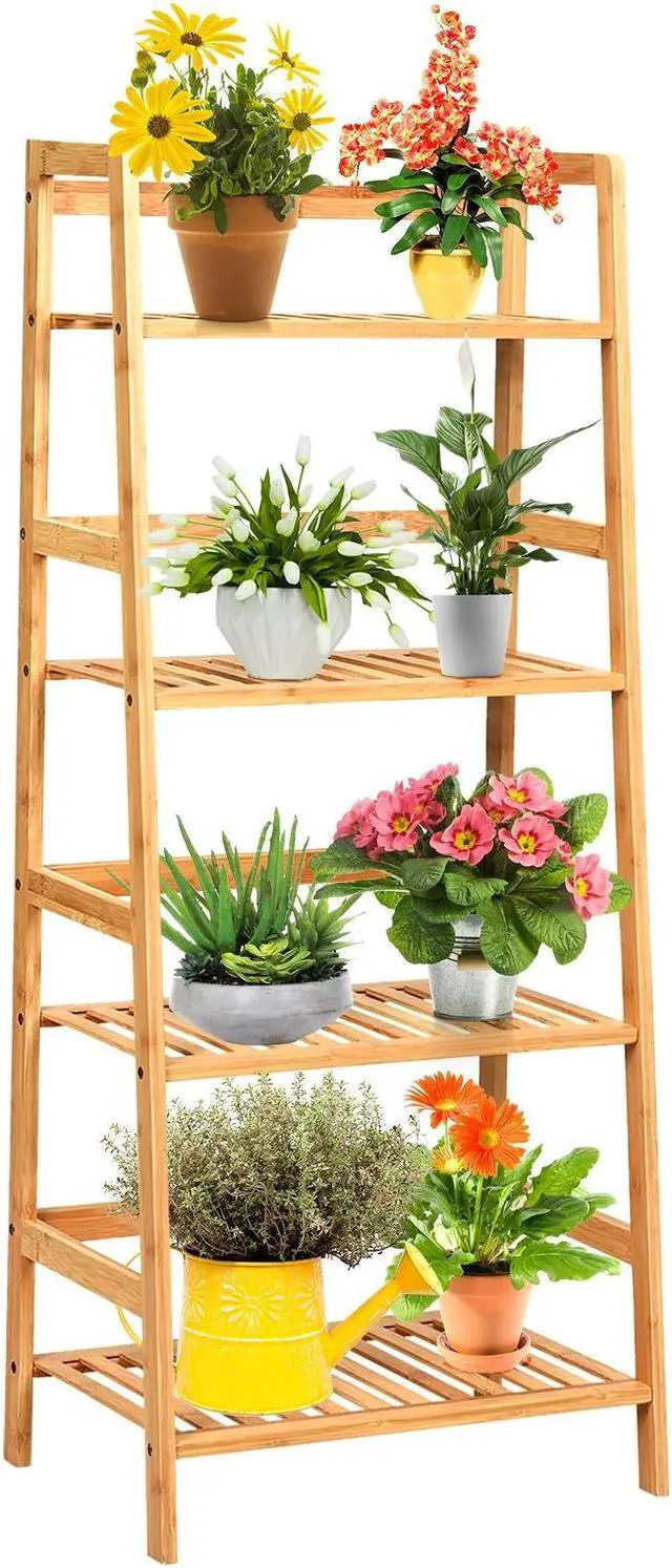 Alt view image 5 of 7 - SlickBlue 4-Tier Bamboo Plant Rack with Guardrails Stable and Space-Saving