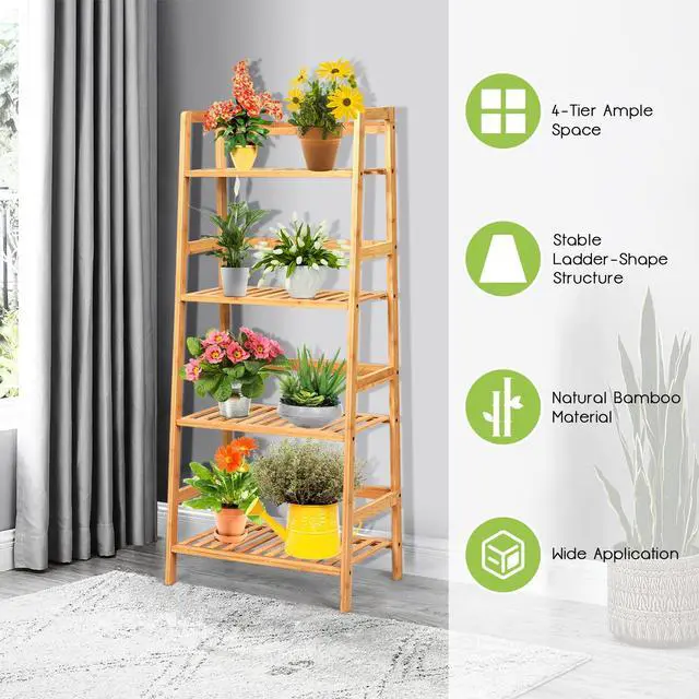 Alt view image 4 of 7 - SlickBlue 4-Tier Bamboo Plant Rack with Guardrails Stable and Space-Saving