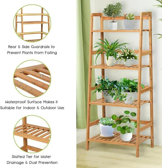 Alt view image 6 of 7 - SlickBlue 4-Tier Bamboo Plant Rack with Guardrails Stable and Space-Saving