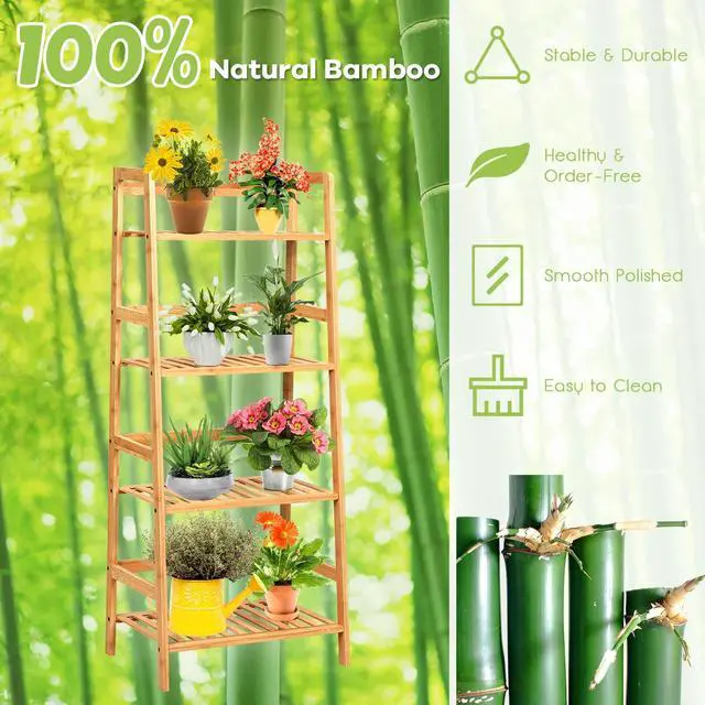 Alt view image 7 of 7 - SlickBlue 4-Tier Bamboo Plant Rack with Guardrails Stable and Space-Saving