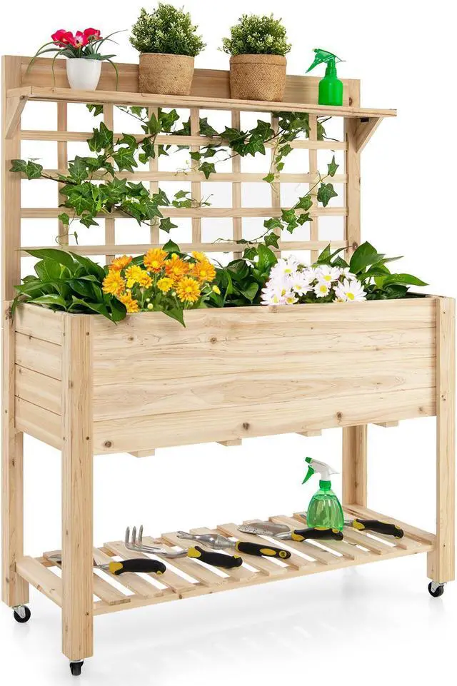Alt view image 2 of 7 - SlickBlue Wooden Raised Garden Bed with Wheels Trellis and Storage Shelf