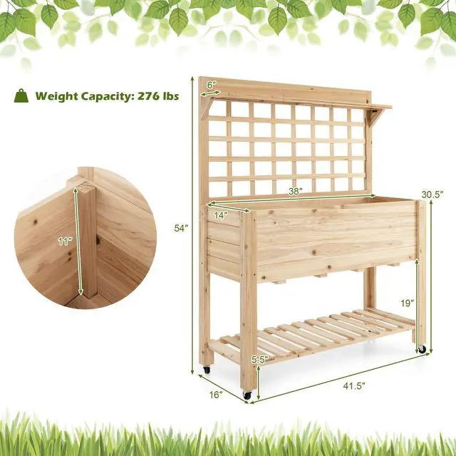 Alt view image 3 of 7 - SlickBlue Wooden Raised Garden Bed with Wheels Trellis and Storage Shelf