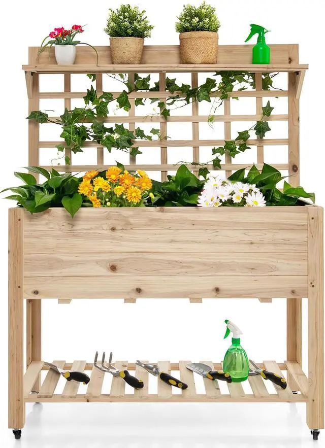 Alt view image 5 of 7 - SlickBlue Wooden Raised Garden Bed with Wheels Trellis and Storage Shelf