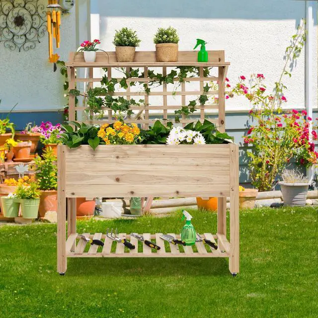 Alt view image 4 of 7 - SlickBlue Wooden Raised Garden Bed with Wheels Trellis and Storage Shelf
