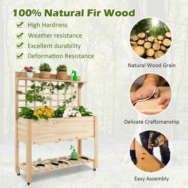Alt view image 7 of 7 - SlickBlue Wooden Raised Garden Bed with Wheels Trellis and Storage Shelf