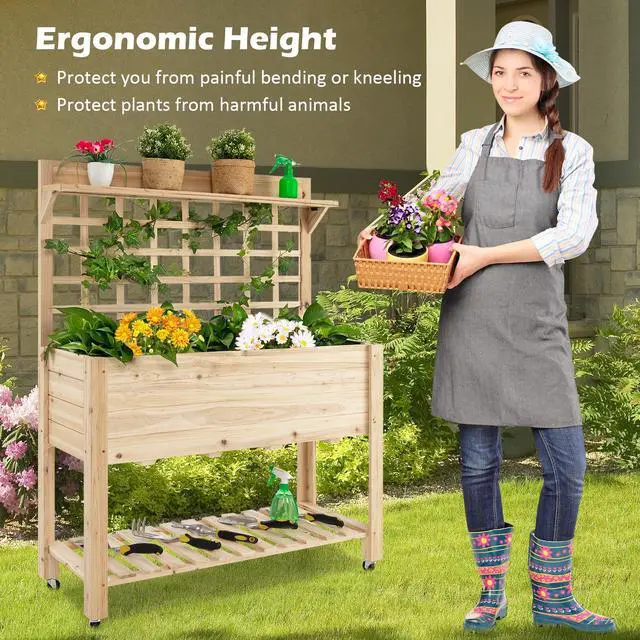 Alt view image 6 of 7 - SlickBlue Wooden Raised Garden Bed with Wheels Trellis and Storage Shelf