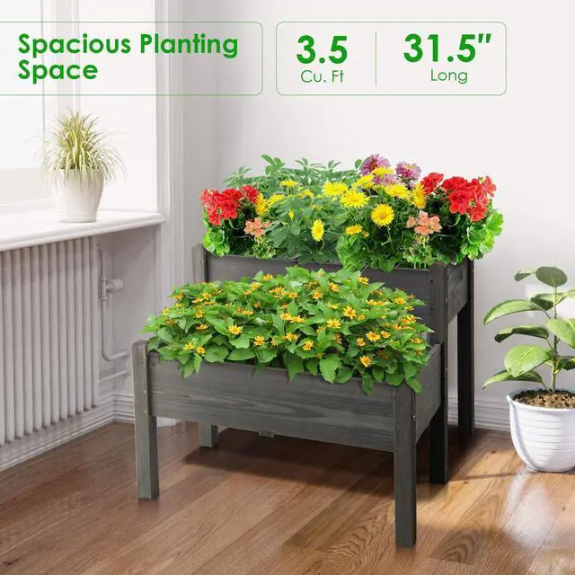 Alt view image 3 of 7 - SlickBlue 2 Tier Wooden Elevated Planter Box with Legs and Drain Holes for Balcony and Yard