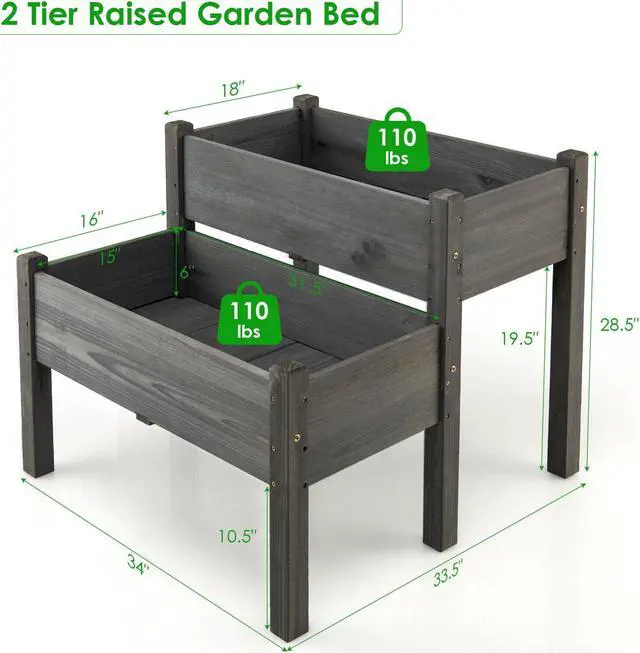 Alt view image 2 of 7 - SlickBlue 2 Tier Wooden Elevated Planter Box with Legs and Drain Holes for Balcony and Yard