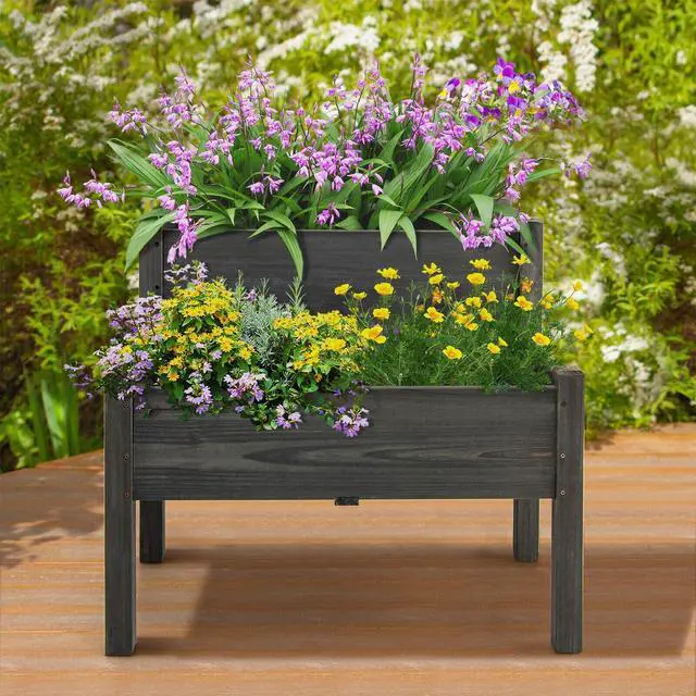 Alt view image 4 of 7 - SlickBlue 2 Tier Wooden Elevated Planter Box with Legs and Drain Holes for Balcony and Yard