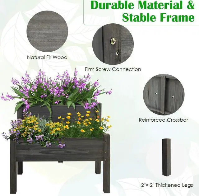 Alt view image 5 of 7 - SlickBlue 2 Tier Wooden Elevated Planter Box with Legs and Drain Holes for Balcony and Yard