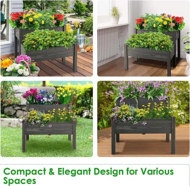 Alt view image 7 of 7 - SlickBlue 2 Tier Wooden Elevated Planter Box with Legs and Drain Holes for Balcony and Yard