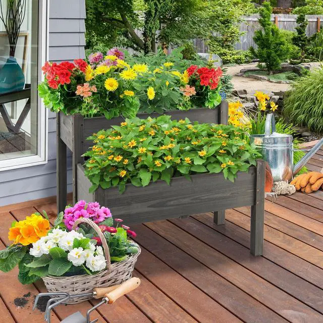 Alt view image 6 of 7 - SlickBlue 2 Tier Wooden Elevated Planter Box with Legs and Drain Holes for Balcony and Yard