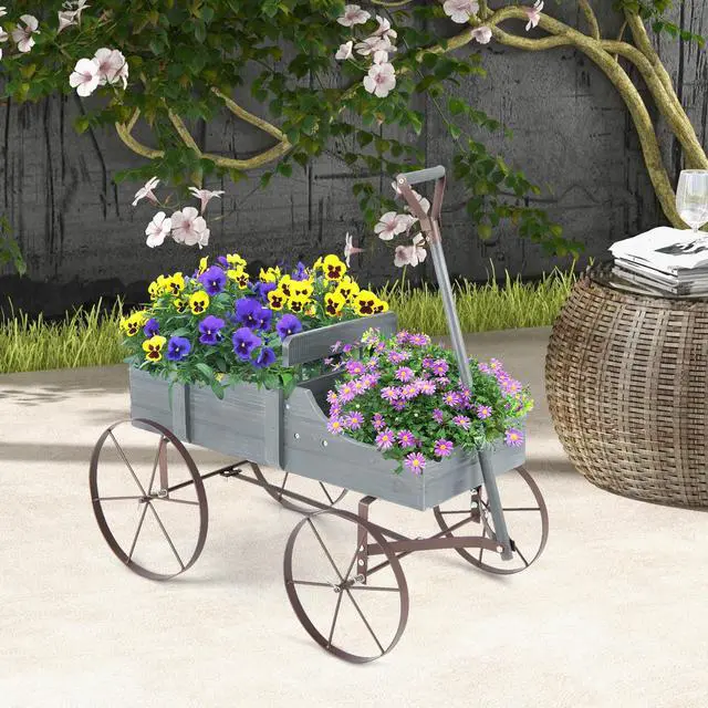 Alt view image 4 of 7 - SlickBlue Wooden Wagon Plant Bed with Metal Wheels for Garden Yard Patio