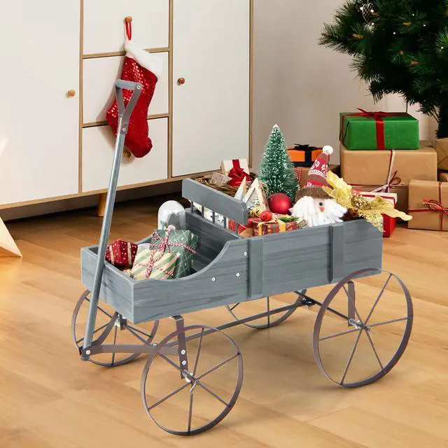 Alt view image 2 of 7 - SlickBlue Wooden Wagon Plant Bed with Metal Wheels for Garden Yard Patio
