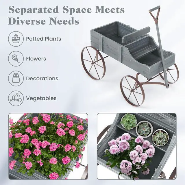 Alt view image 5 of 7 - SlickBlue Wooden Wagon Plant Bed with Metal Wheels for Garden Yard Patio