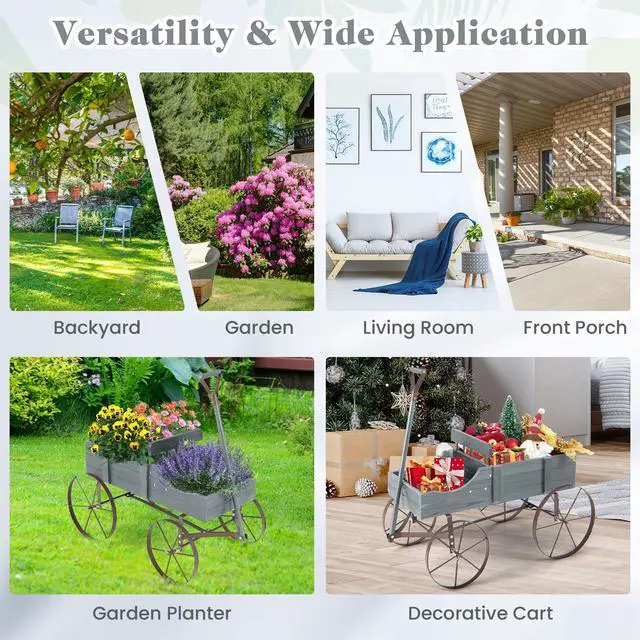 Alt view image 7 of 7 - SlickBlue Wooden Wagon Plant Bed with Metal Wheels for Garden Yard Patio