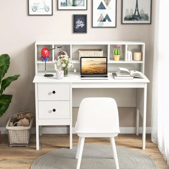 Alt view image 3 of 7 - SlickBlue 48 Inch Computer Desk with Drawers Power Outlets and 5-Cubby Hutch
