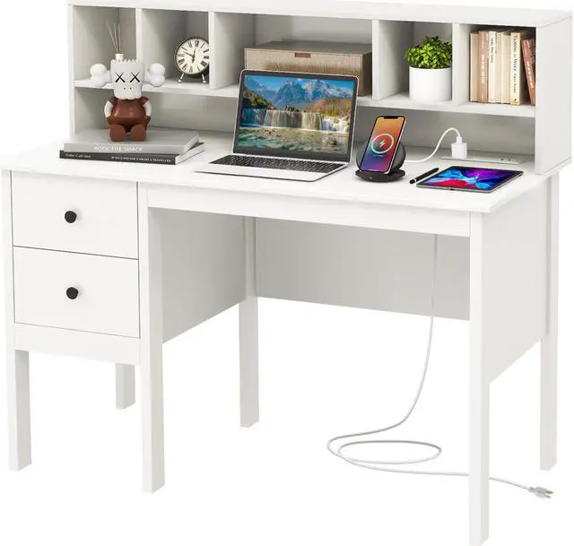 Alt view image 2 of 7 - SlickBlue 48 Inch Computer Desk with Drawers Power Outlets and 5-Cubby Hutch