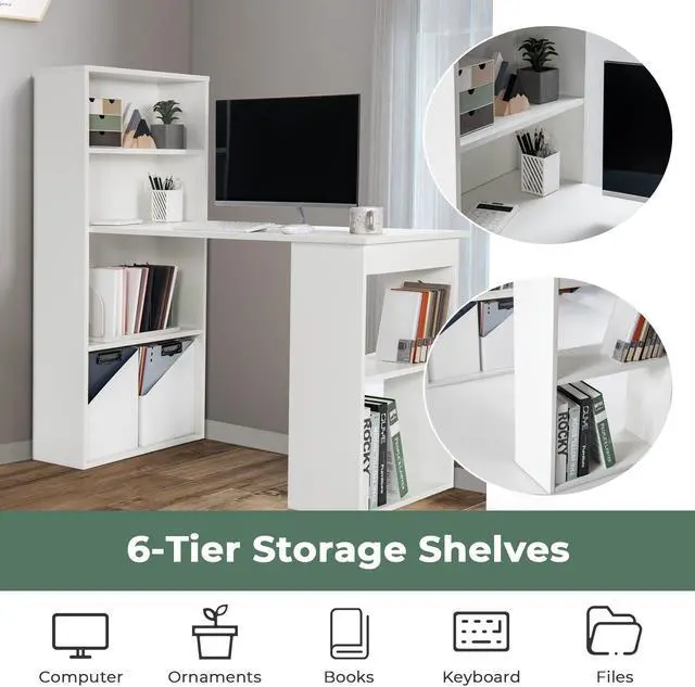 Alt view image 7 of 7 - SlickBlue Computer Desk Writing Workstation Office with 6-Tier Storage Shelves-White