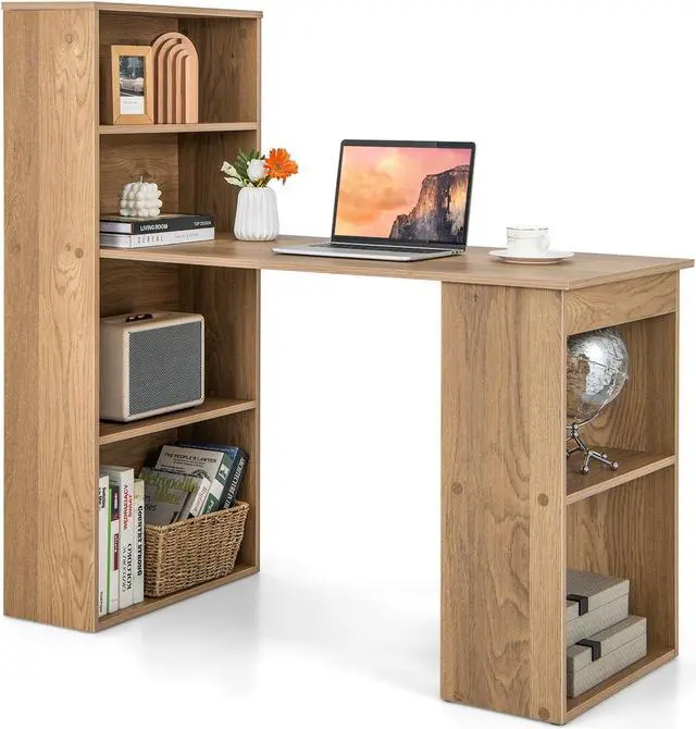 Main image of SlickBlue 48 Inch Computer Desk with 4-Tier Bookcase and CPU Stand-Natural