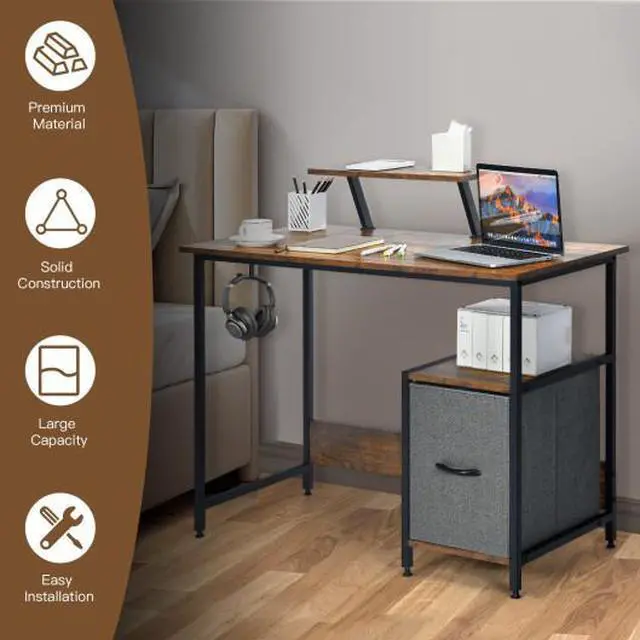 Alt view image 2 of 7 - SlickBlue Computer Desk with Reversible Storage Drawer and Moveable Shelf-Brown