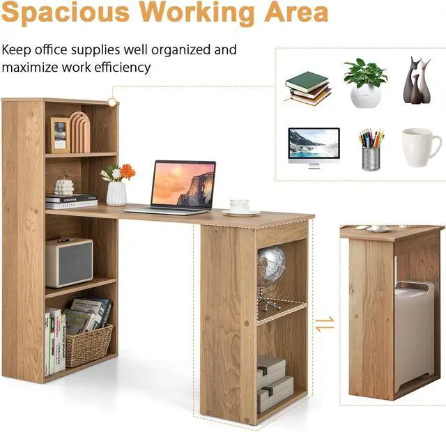 Alt view image 7 of 7 - SlickBlue 48 Inch Computer Desk with 4-Tier Bookcase and CPU Stand-Natural