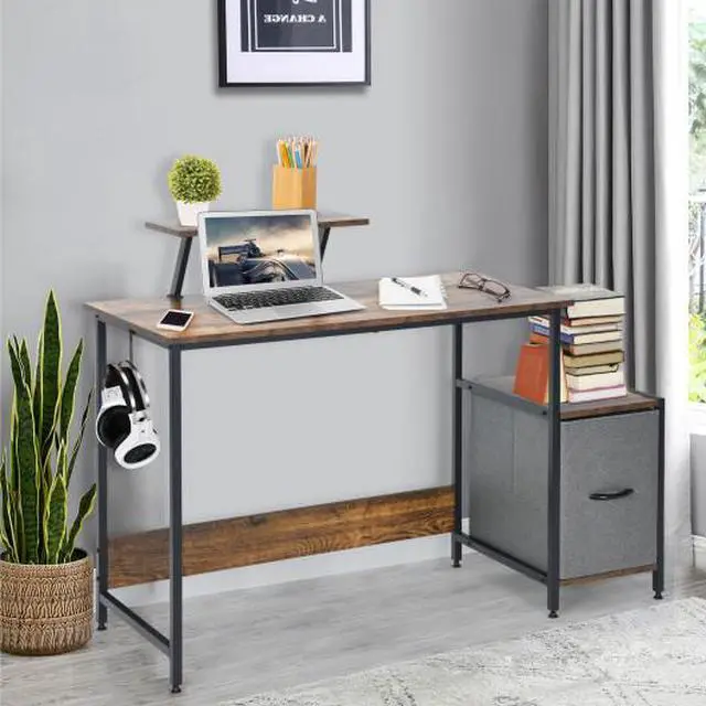 Alt view image 3 of 7 - SlickBlue Computer Desk with Reversible Storage Drawer and Moveable Shelf-Brown
