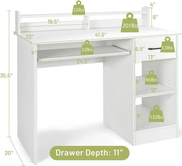 Alt view image 4 of 7 - SlickBlue Study Laptop Table with Drawer and Keyboard Tray-White