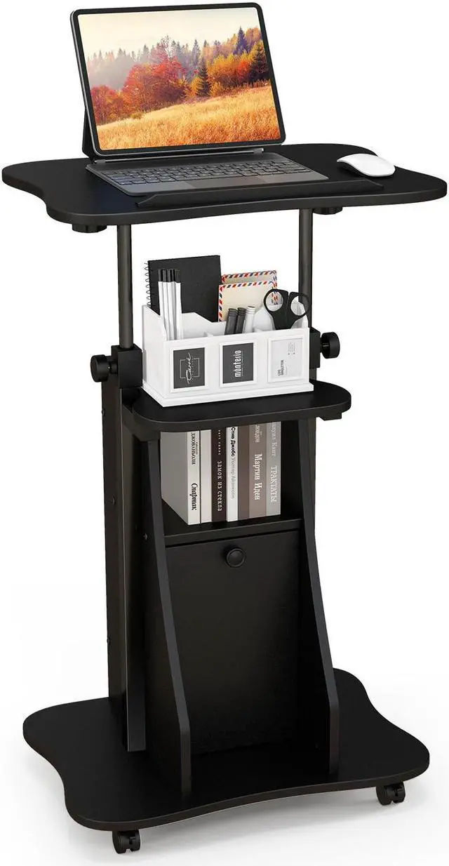 Alt view image 2 of 7 - SlickBlue Adjustable Mobile Standing Desk Cart with Tilt Desktop and Cabinet