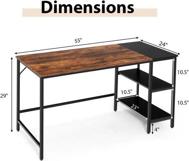 Alt view image 5 of 7 - SlickBlue 55 Inch Modern Industrial Style Study Writing Desk with 2 Storage Shelves