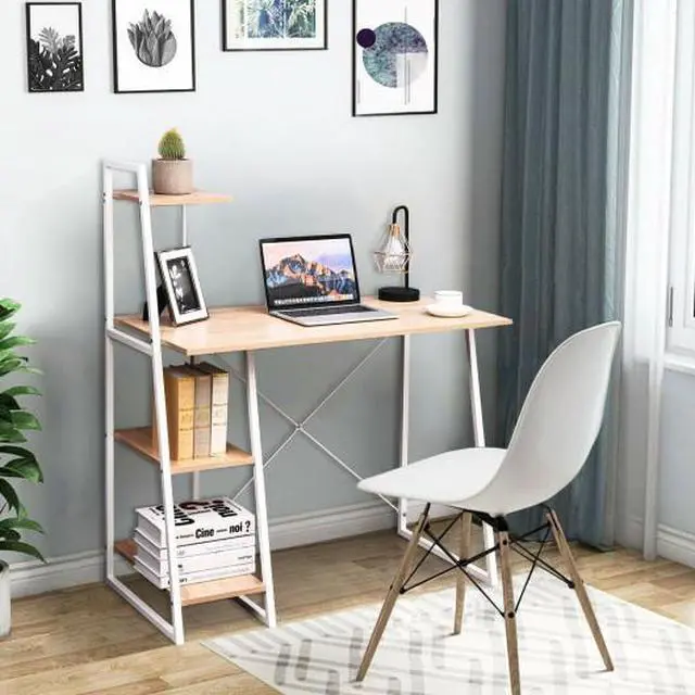 Alt view image 2 of 3 - SlickBlue Study Workstation Computer Desk with 4 Tier Shelves