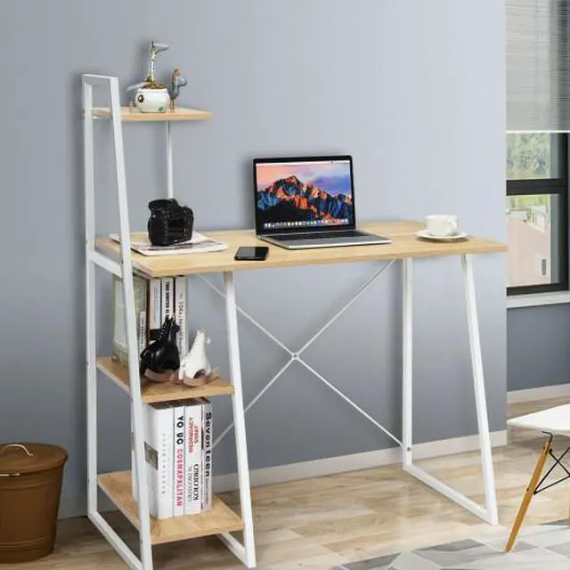 Alt view image 3 of 3 - SlickBlue Study Workstation Computer Desk with 4 Tier Shelves