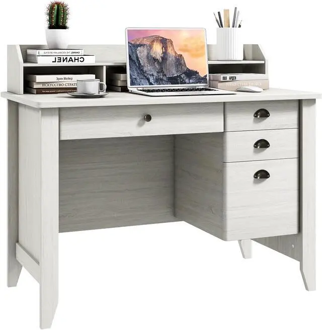 Alt view image 2 of 7 - SlickBlue Vintage Computer Desk with Storage Shelves and 4 Drawers-White