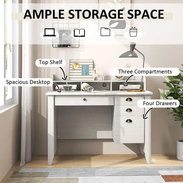 Alt view image 7 of 7 - SlickBlue Vintage Computer Desk with Storage Shelves and 4 Drawers-White