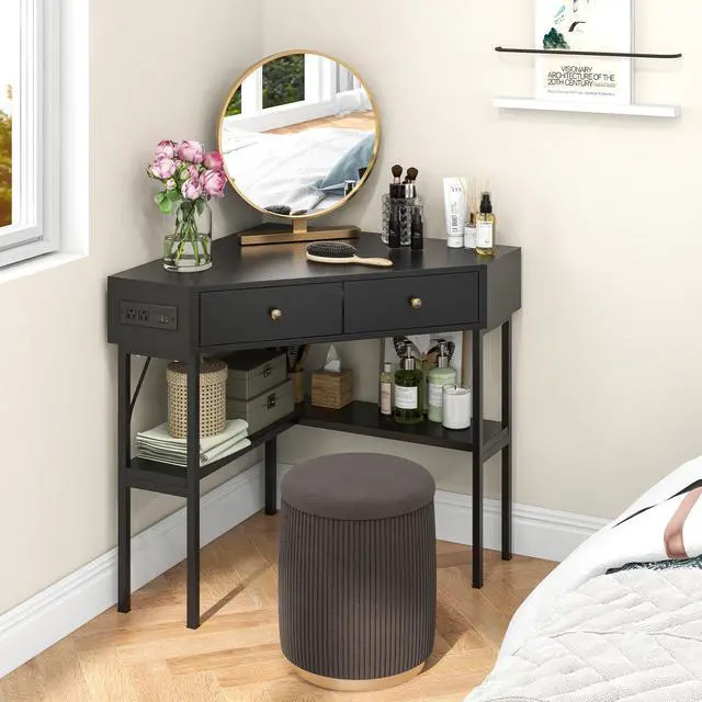 Alt view image 4 of 7 - SlickBlue Space Saving Corner Computer Desk with 2 Large Drawers and Storage Shelf