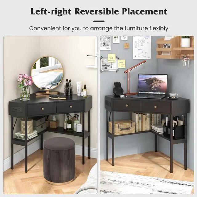 Alt view image 6 of 7 - SlickBlue Space Saving Corner Computer Desk with 2 Large Drawers and Storage Shelf