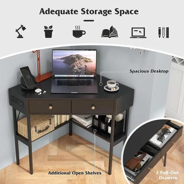 Alt view image 7 of 7 - SlickBlue Space Saving Corner Computer Desk with 2 Large Drawers and Storage Shelf