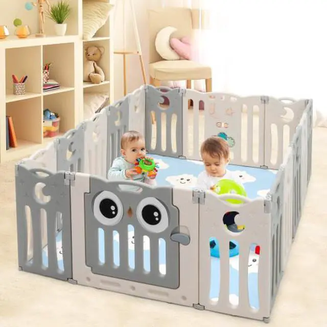 Alt view image 3 of 3 - SlickBlue 16-Panel Baby Activity Center Play Yard with Lock Door -Beige