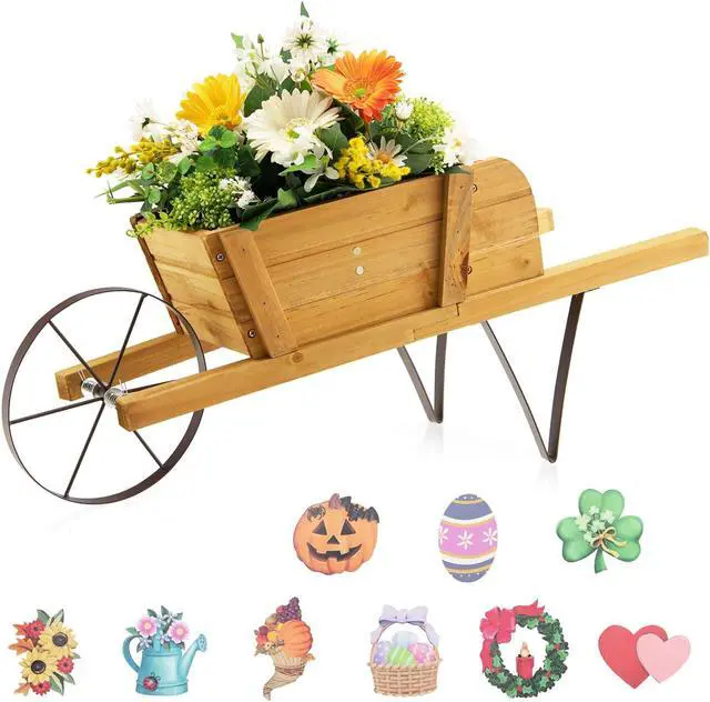 Alt view image 6 of 7 - SlickBlue Wooden Wagon Planter with 9 Magnetic Accessories for Garden Yard-Walnut