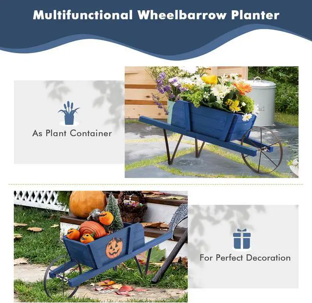 Alt view image 5 of 7 - SlickBlue Wooden Wagon Planter with 9 Magnetic Accessories for Garden Yard-Blue