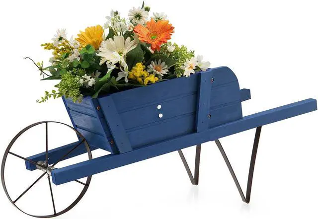 Alt view image 3 of 7 - SlickBlue Wooden Wagon Planter with 9 Magnetic Accessories for Garden Yard-Blue
