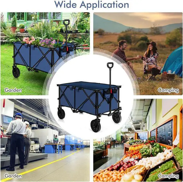Alt view image 3 of 7 - SlickBlue Outdoor Folding Wagon Cart with Adjustable Handle and Universal Wheels-Navy